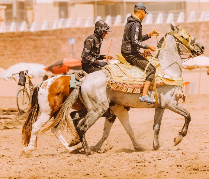 a couple of men riding on the backs of horses, pexels contest winner, dau-al-set, futuristic marrakech, sport, 👰 🏇 ❌ 🍃, in an arena pit