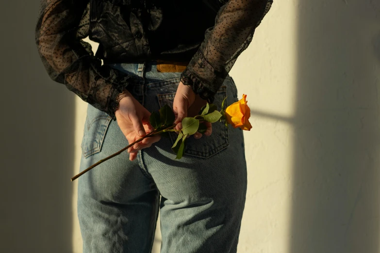a woman holding a rose in her right hand, an album cover, inspired by Elsa Bleda, trending on pexels, wearing pants, sunlit, rex orange county, restrained. bloom