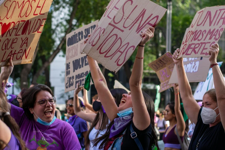 a group of people holding signs in the air, by Amelia Peláez, feminist art, green and purple, buenos aires, avatar image, high quality photo