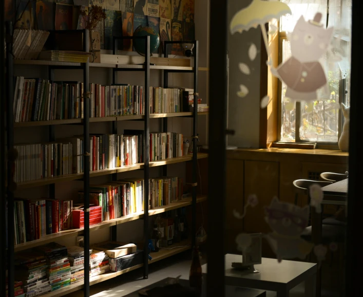 a bookshelf filled with lots of books next to a window, by Jang Seung-eop, pexels contest winner, light and space, japanese akihabara cafe, standing under a beam of light, cottagecore, ilustration