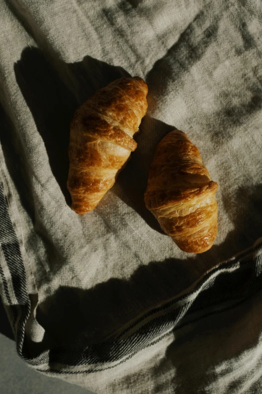 a couple of croissants sitting on top of a towel, a portrait, by Henriette Grindat, trending on unsplash, medium format. soft light, sun rising, 15081959 21121991 01012000 4k