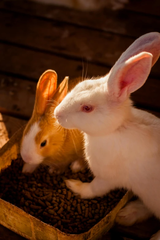 a couple of rabbits sitting next to each other, a portrait, unsplash, sun lighting, ready to eat, albino mystic, shot with sony alpha