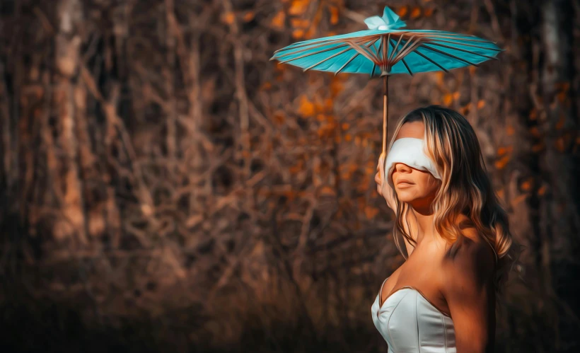 a woman in a white dress holding a blue umbrella, an album cover, inspired by Elsa Bleda, unsplash, surrealism, eye patch over one eye, blindfold, autumn, hd wallpaper