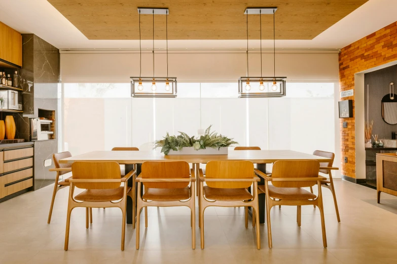 a dining room with a wooden table and chairs, inspired by Fernando Gerassi, unsplash, light and space, suspended ceiling, in avila pinewood, recessed, twice