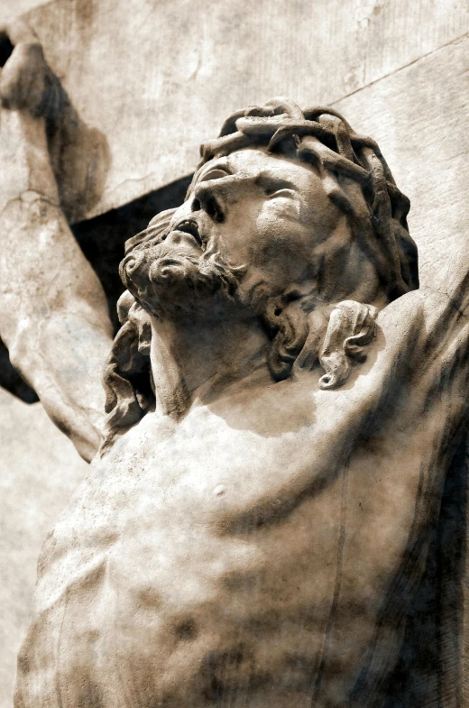 a statue of a man holding a cross, a statue, by Gian Lorenzo Bernini, pixabay contest winner, jesus face, sepia photography, chiseled muscles, triumphant