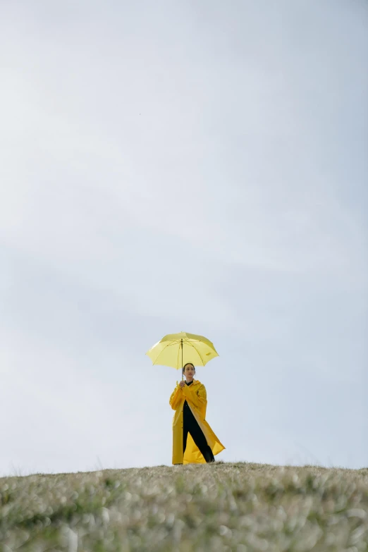 a person standing on top of a hill holding an umbrella, inspired by Scarlett Hooft Graafland, minimalism, yellow carpeted, ao dai, concert, on a bright day