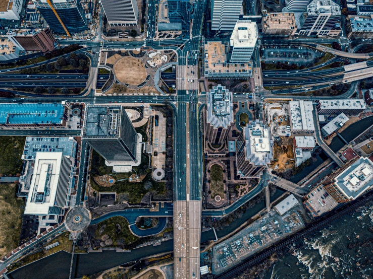 an aerial view of a city with lots of tall buildings, by Carey Morris, unsplash contest winner, visual art, highways, open street maps, thumbnail, new jersey