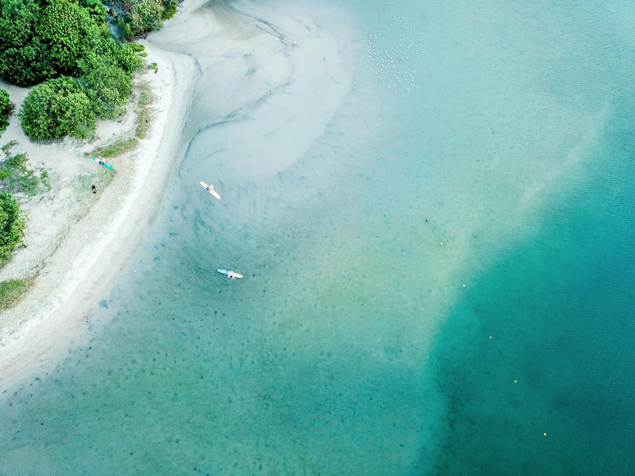 an aerial view of a beach and a body of water, by Carey Morris, pexels contest winner, sup, close together, thumbnail, green waters