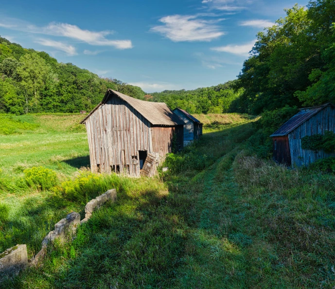 an old barn in the middle of a field, by Alison Geissler, pexels contest winner, renaissance, log houses built on hills, overgrown greenery, getty images, profile image