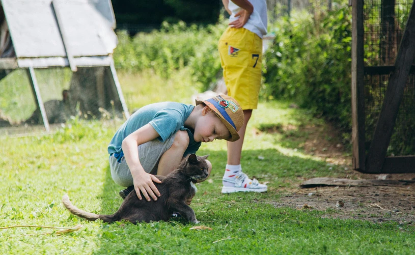 a little boy that is kneeling down with a dog, by Julia Pishtar, glamping, in the garden, a cat, having fun in the sun