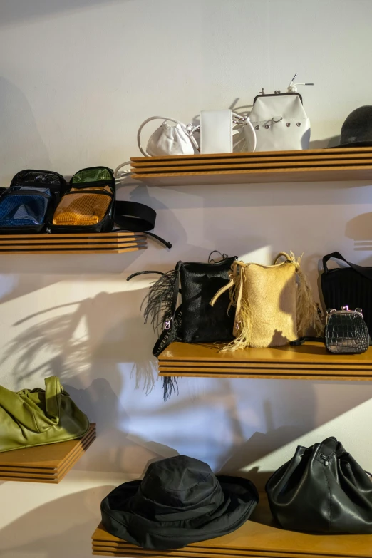 a display of handbags and purses on wooden shelves, a photo, by Gavin Hamilton, renaissance, leather pouch, 8 0 - s, sunny light, very dynamic