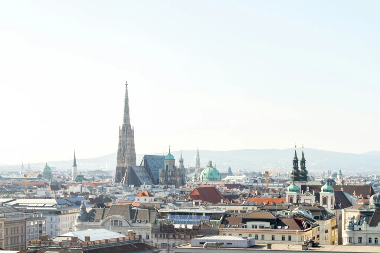 a view of a city from the top of a building, pexels contest winner, viennese actionism, bjarke ingels, mountains in background, profile image, cathedral in the background