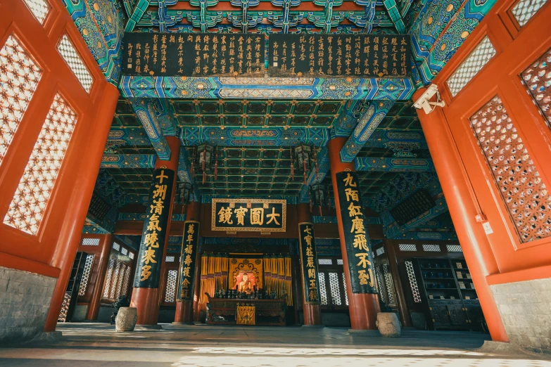 a picture of the inside of a building, inspired by Xuande Emperor, unsplash contest winner, cloisonnism, chinese mongolian script, square, korean traditional palace, teal and orange color scheme