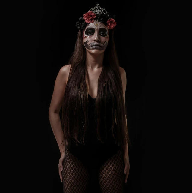 a woman in day of the dead makeup, an album cover, by Alejandro Obregón, pexels contest winner, renaissance, black crown, full body image, low-key, full faced