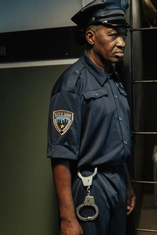 a man in a police uniform standing in front of a jail cell, a photo, by Alison Geissler, serial art, morgan freeman, ( ( dark skin ) ), cinestill eastmancolor, alessio albi
