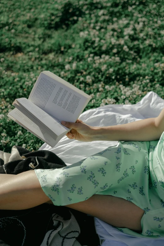 a woman laying on a blanket reading a book, by Alice Mason, trending on unsplash, light green dress, wearing in a summer dress, blooming, poster shot