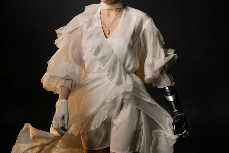 a woman in a white dress holding an umbrella, inspired by Georges de La Tour, pexels contest winner, renaissance, gloves and jewelry. motion, girl wearing robotic suit, ruffles, soft translucent fabric folds