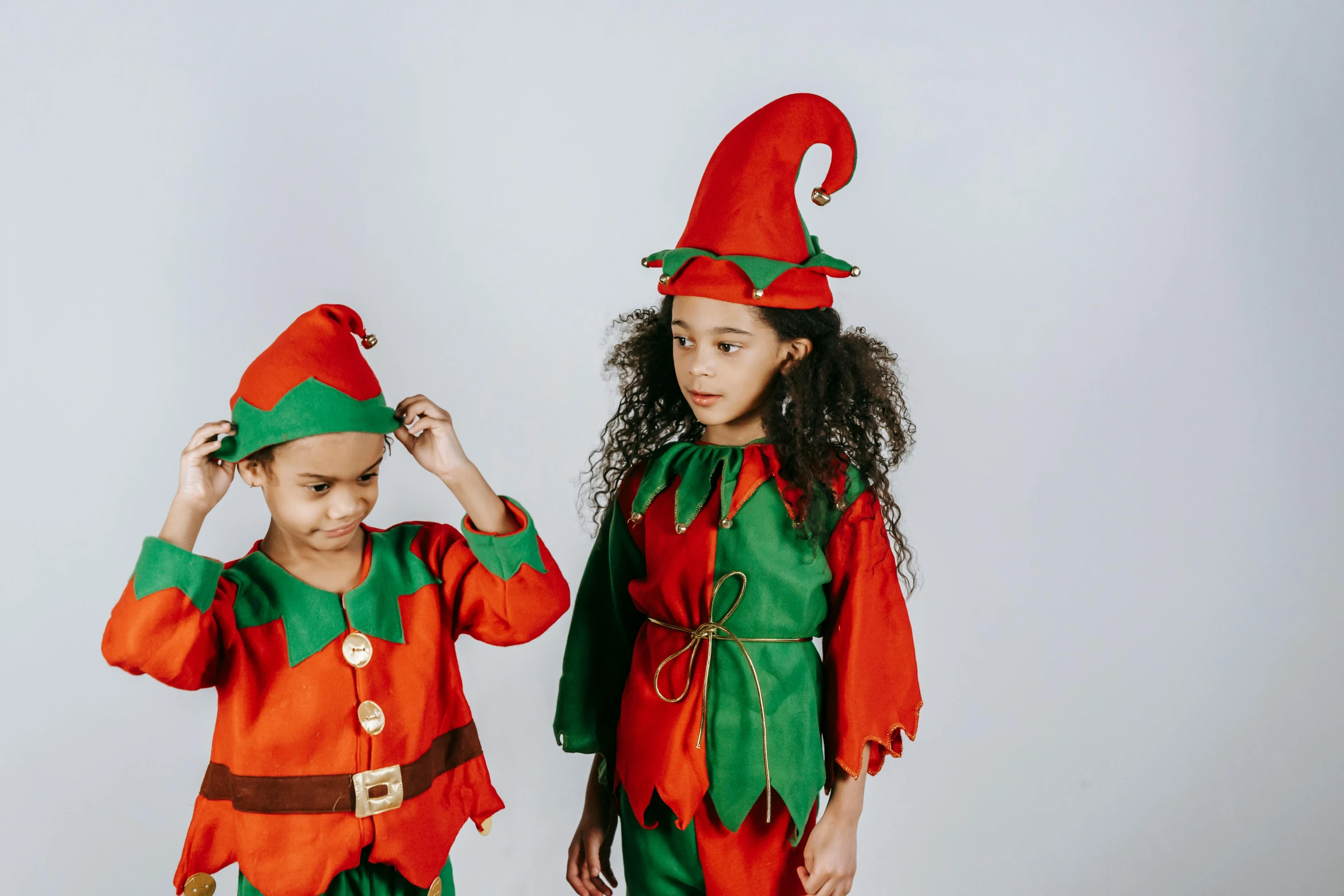 two children dressed in elf costumes standing next to each other, inspired by Kate Greenaway, pexels, miniature product photo, multicoloured, product shot, teen elf