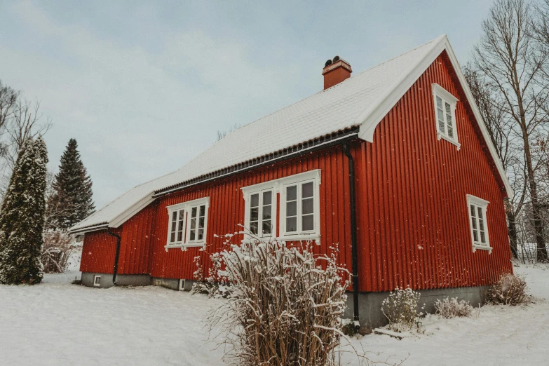 a red house sitting on top of a snow covered field, inspired by Eero Järnefelt, pexels contest winner, white plank siding, exterior view, vintage color, 🦩🪐🐞👩🏻🦳