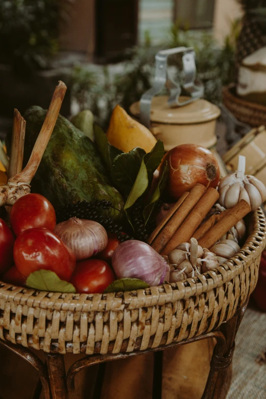 a basket full of vegetables sitting on top of a table, spices, profile image