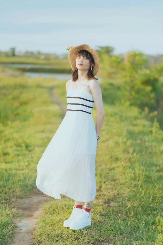 a woman in a white dress and hat standing in a field, a picture, model エリサヘス s from acquamodels, wearing sundress, line, white!!