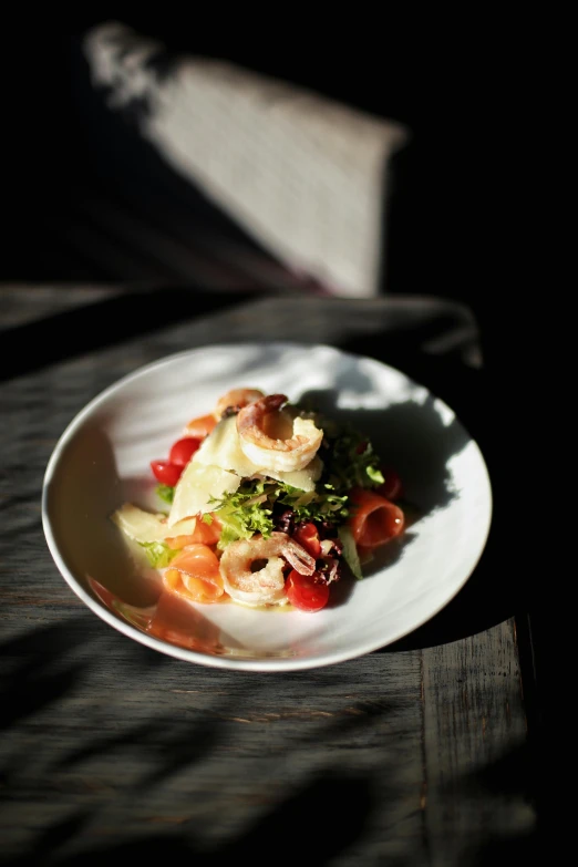 a close up of a plate of food on a table, by Sebastian Vrancx, stunning sunny lighting, salad, slide show, dim lit