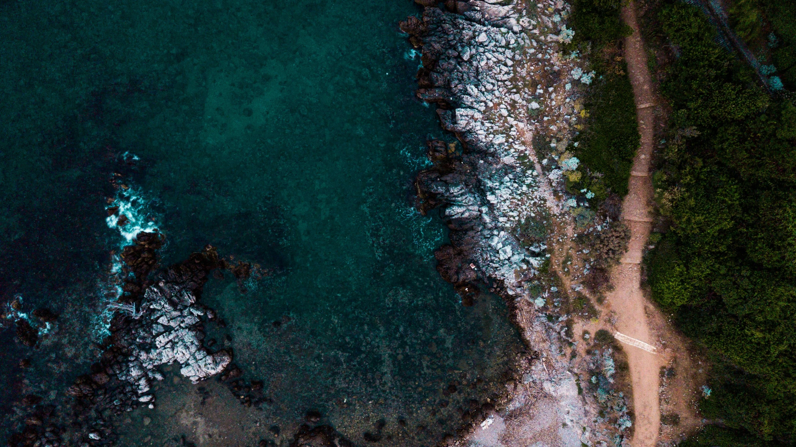 an aerial view of a beach and a body of water, inspired by Elsa Bleda, unsplash contest winner, rocky roads, dark green water, cyprus, helicopter view