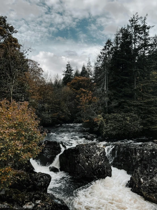 a river running through a forest filled with trees, by Andrew Allan, pexels contest winner, scottish folklore, instagram story, rapids, mid fall
