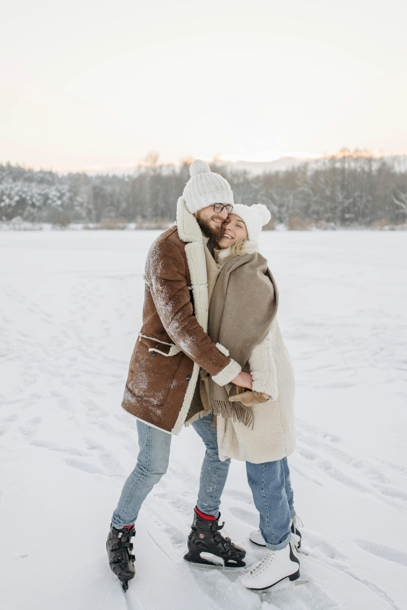 a man and a woman kissing in the snow, trending on pexels, wearing hay coat, frozen lake, white, background image