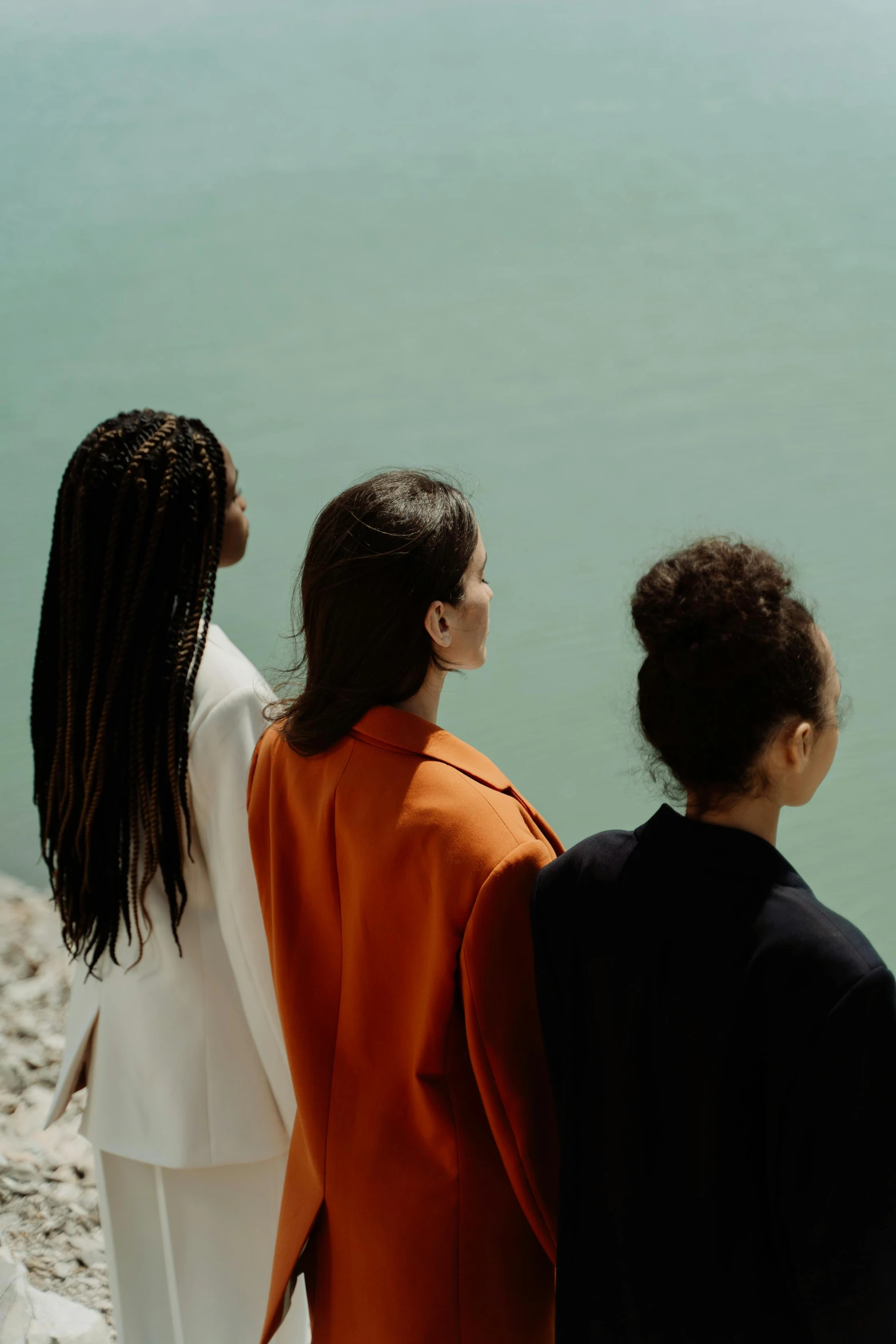 a group of women standing next to each other near a body of water, an album cover, pexels contest winner, in profile, three colors, varying ethnicities, back - view