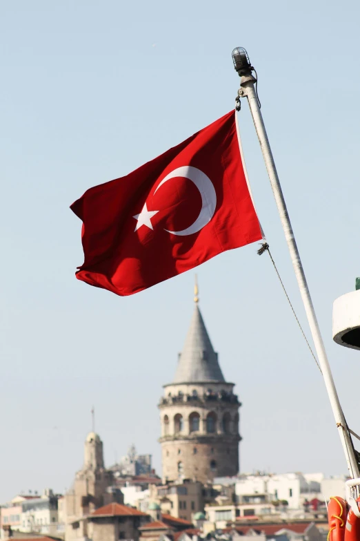 a red and white flag flying on top of a boat, by Fikret Muallâ Saygı, slide show, square, reuters, capital