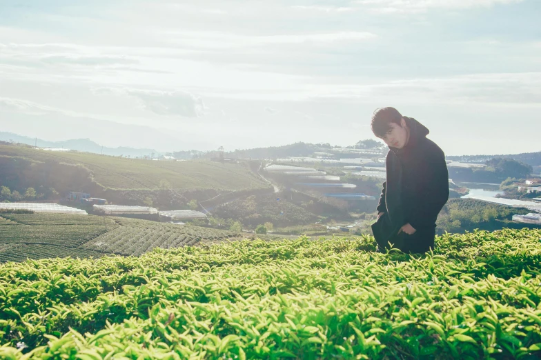 a man standing on top of a lush green field, by Elsa Bleda, unsplash, happening, holding a boba milky oolong tea, joe taslim, jaeyeon nam, drama