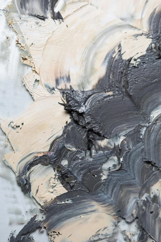 a close up of a black and white painting, inspired by William Congdon, trending on pexels, shiny layered geological strata, swirling paint colors, grey facial flesh, brown mud