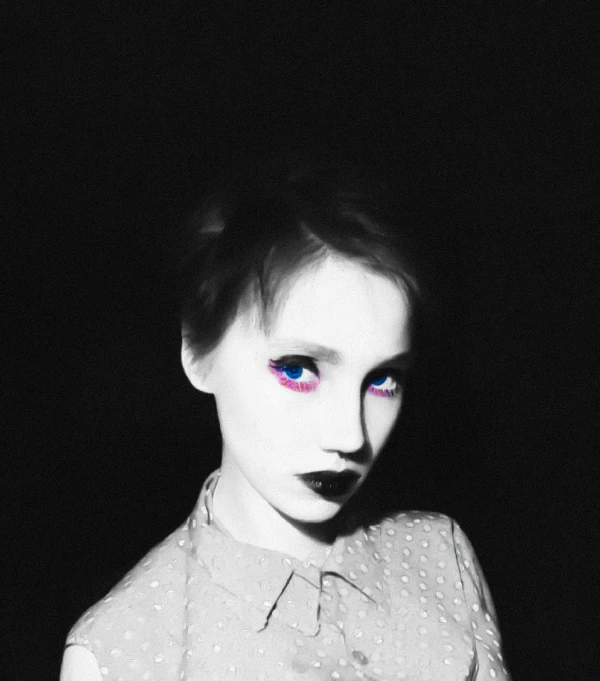 a black and white photo of a woman with blue eyes, an album cover, aestheticism, pale skin and purple eyes, imgur, neon and dark, ( ( dithered ) )