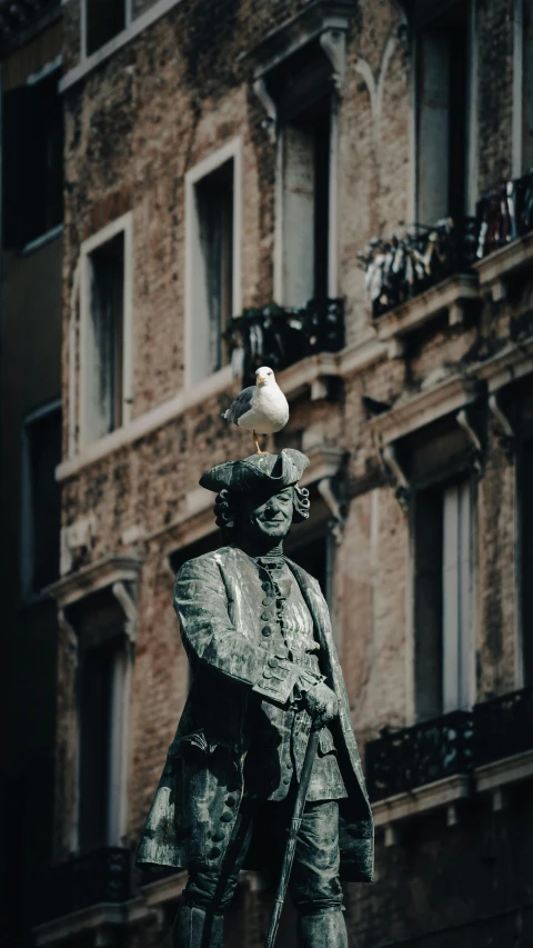 a statue of a man with a bird on his head, a statue, inspired by Vincenzo Cabianca, pexels contest winner, 🤠 using a 🖥, van lieven, a quaint, kris kuksi