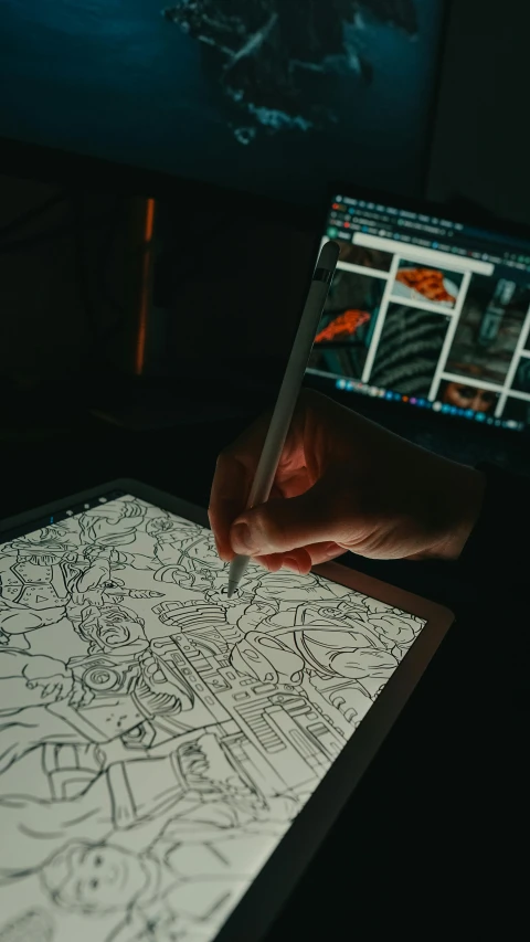 a person drawing on a tablet with a pen, a detailed drawing, by Jakub Husnik, computer art, glowing details, cartographic, trending artstation, instagram post