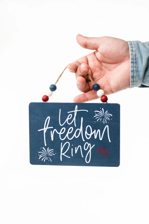 a person holding a sign that says let freedom ring, detailed product image, ornament, ring lit, navy