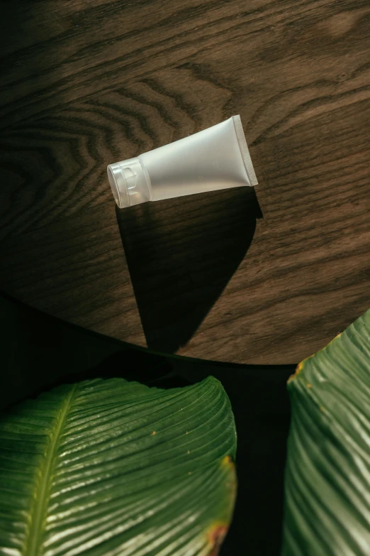 a bottle of lotion sitting on top of a wooden table, by Elsa Bleda, unsplash, plasticien, big leaves, paper cup, translucent material, synthetic bio skin