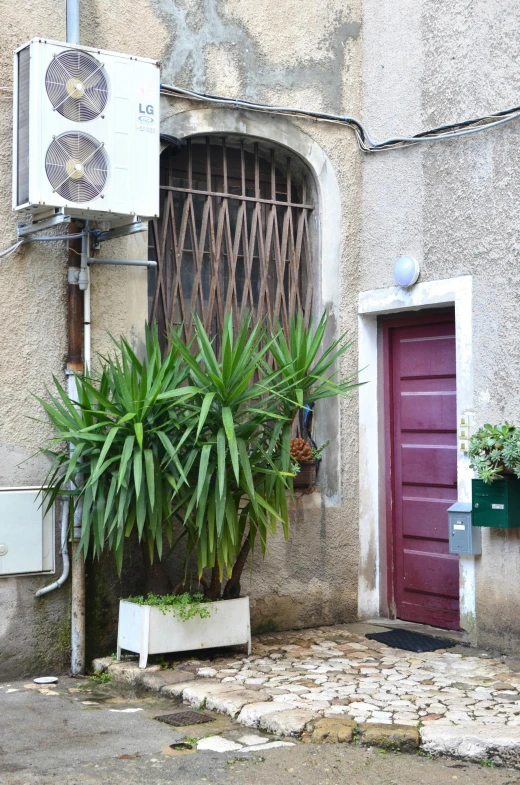 a red fire hydrant sitting on the side of a building, by Carlo Randanini, renaissance, houseplant, doorway, air conditioner, conversano