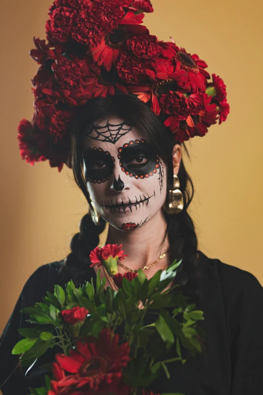 a woman in day of the dead makeup holding a bouquet of flowers, pexels contest winner, sarah andersen, crown made of bones, headshot, red flowers