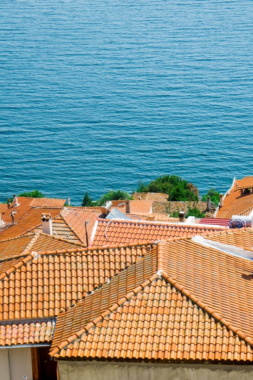 a group of houses sitting on top of a hill next to the ocean, roofing tiles texture, taras susak, square, manly