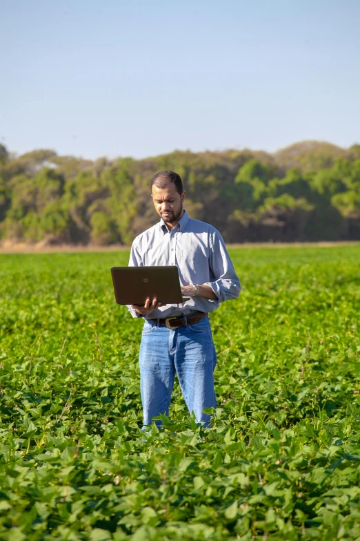 a man standing in a field with a laptop, biotechnology, in australia, uncrop, round-cropped
