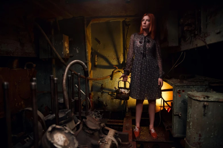 a woman standing in a room filled with junk, inspired by Elsa Bleda, pexels contest winner, in a nuclear submarine, karen gillan batgirl, with vestiges of rusty machinery, neo rauch and nadav kander