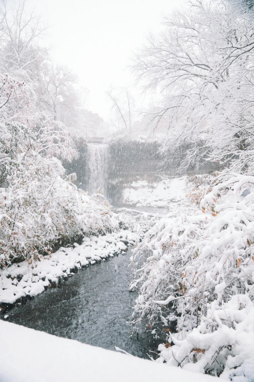 a stream running through a snow covered forest, a picture, trending on unsplash, hudson river school, waterfall walls, city snowing with a lot of snow, minneapolis, fujifilm”