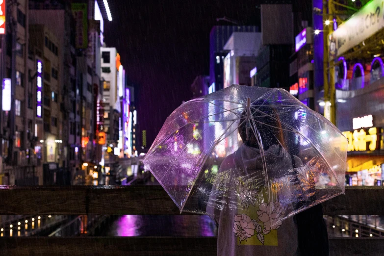 a person holding an umbrella in the rain, a picture, unsplash contest winner, ukiyo-e, neon purple light, 2022 photograph, japonisme 3 d 8 k ultra detailed, wet reflections in square eyes