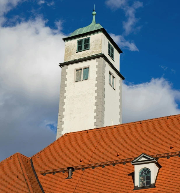 a tall tower with a clock on top of it, by Albin Egger-Lienz, unsplash, heidelberg school, white buildings with red roofs, in 2 0 0 2, ventilation shafts, detmold charles maurice