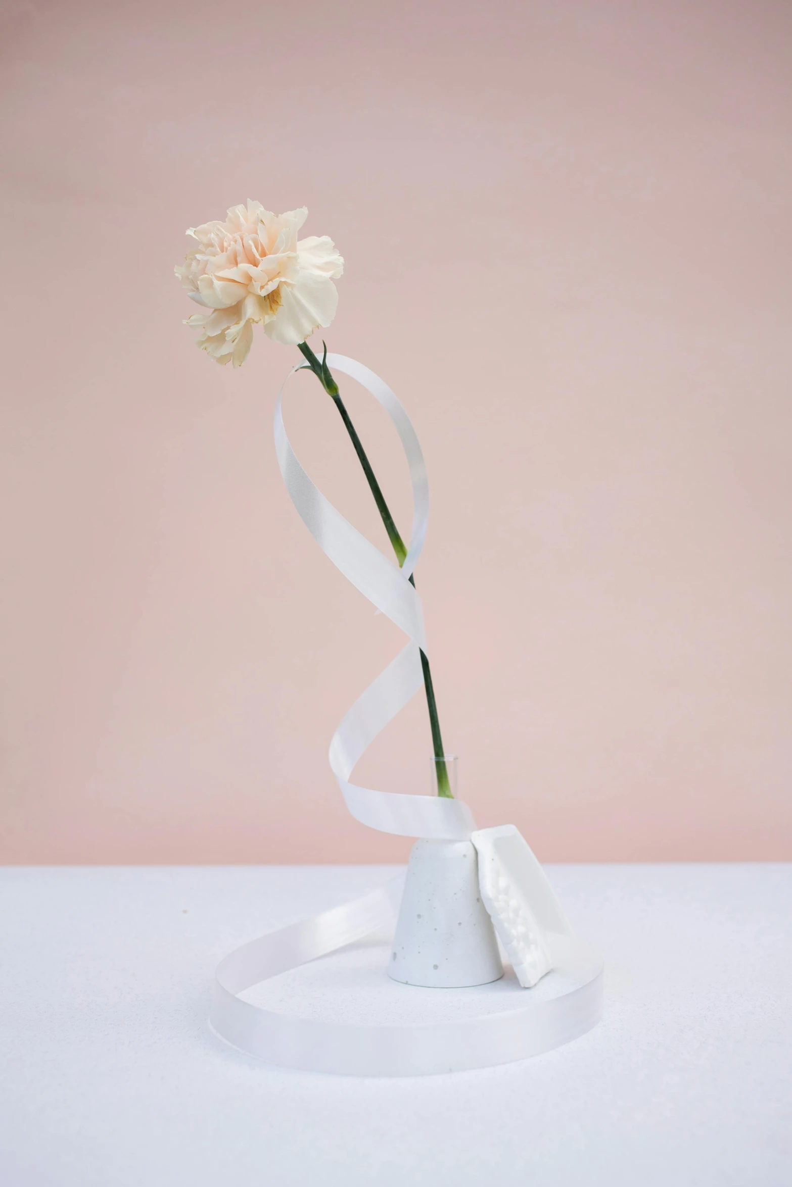 a white vase with a single flower in it, a surrealist sculpture, inspired by Robert Mapplethorpe, dribble, ribbon chapel, soft blush, hidden message, floating bouquets