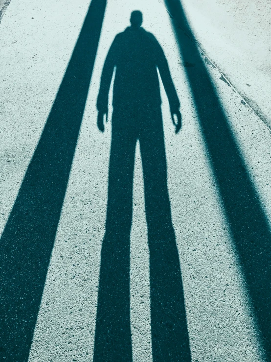 a shadow of a man standing in the middle of a road, an album cover, pexels contest winner, neo-figurative, two legs two arms one head, humanoid, ( ( theatrical ) ), high shadow