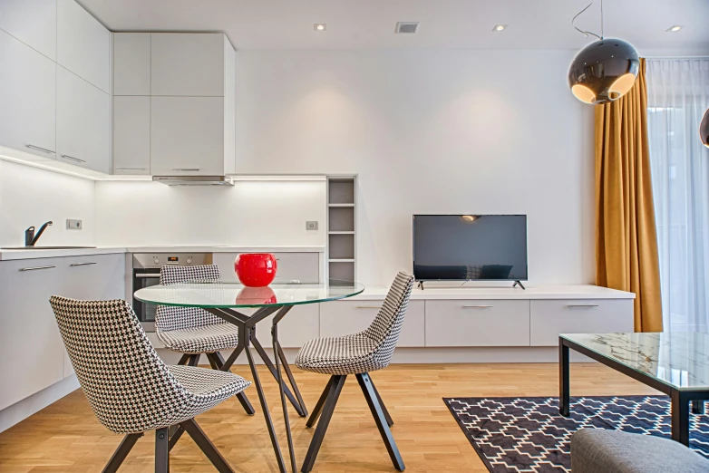 a living room filled with furniture and a flat screen tv, pexels contest winner, light and space, white kitchen table, sleek design, modern very sharp photo, apartment