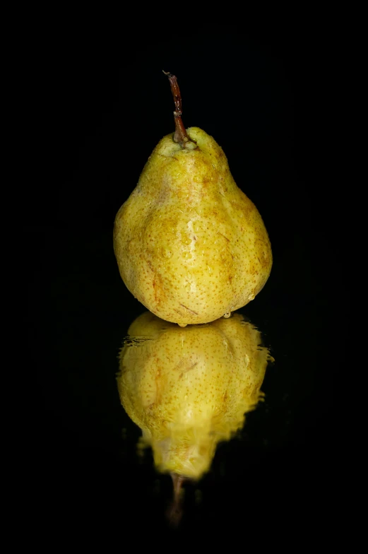 a pear sitting on top of a reflective surface, a picture, by Jim Murray, pexels, standing with a black background, fall, yellowed, food